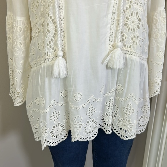Sundance Lisette White Lace Eyelet Tunic Long Sleeve Boho Tassel Shirt Sz S - Picture 4 of 12